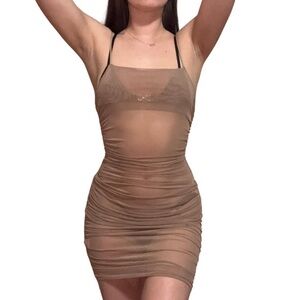 Sheer Ruched Brown Bodycon Slip Dress with Spaghetti Straps